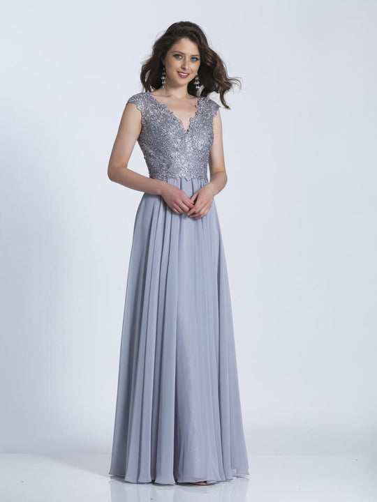 Dave & Johnny - 3210W Embellished V-neck A-line Dress in Silver