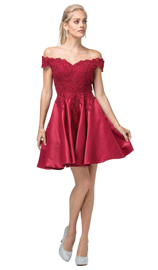 Dancing Queen - 3213 Off Shoulder Lace and Satin Cocktail Dress In Red