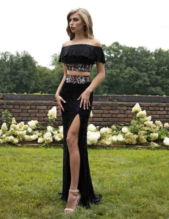 Primavera Couture - 3215 Two-Piece Floral Sequined Off Shoulder Gown In Black