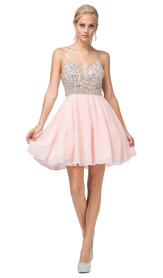 Dancing Queen - 3226 Embellished Plunging V-Neck A-Line Dress In Pink