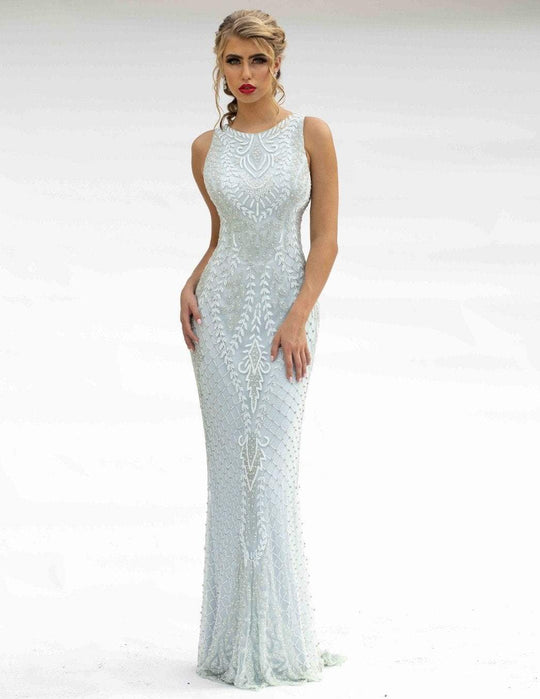 Primavera Couture - 3227 Jewel Neck Intricate Beaded Sheath Gown In Blue