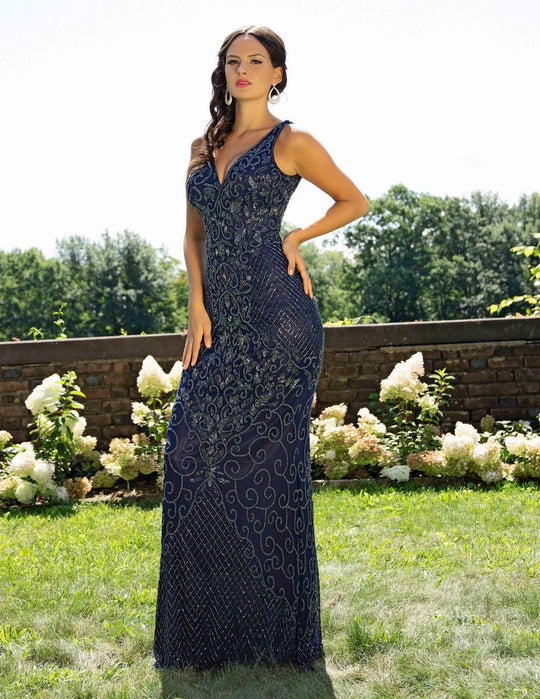 Primavera Couture - 3232 Bedazzled Plunging V-neck Sheath Dress