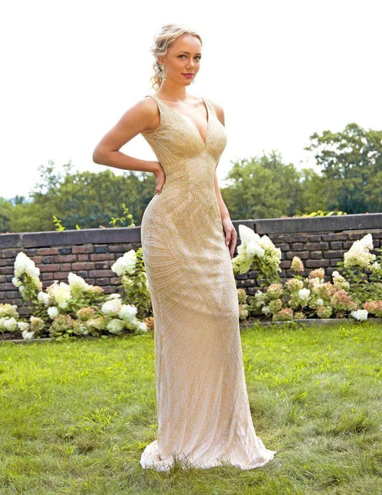 Primavera Couture - Embellished Plunging V-neck Fitted Dress 3234 In Neutral