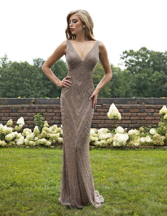 Primavera Couture - 3234 Embellished Plunging V-neck Fitted Dress In Neutral and Gold