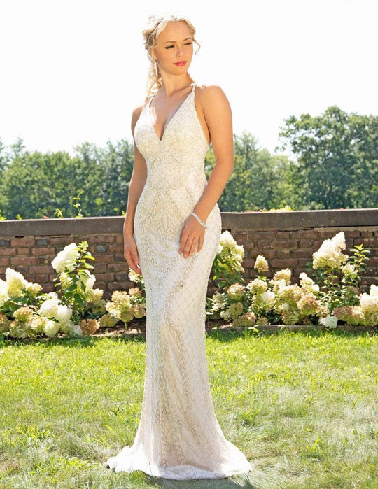 Primavera Couture - 3236 Embellished Plunging V-neck Sheath Dress In White