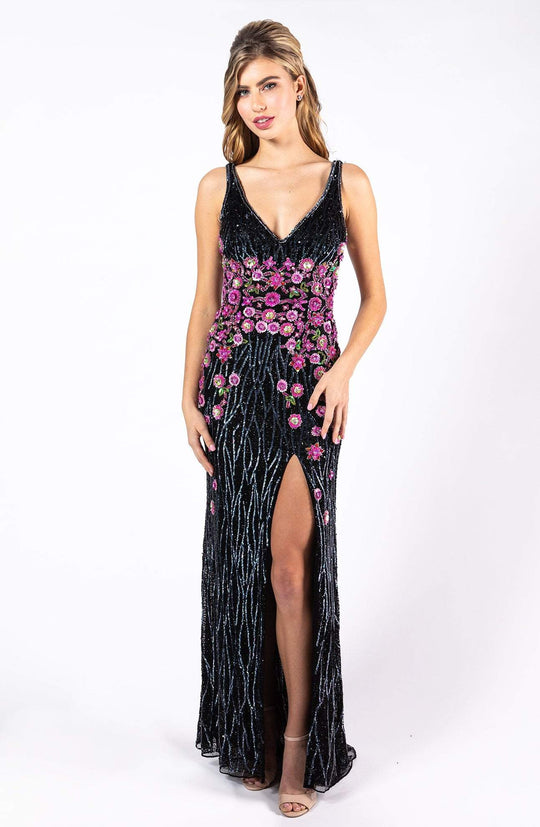 Primavera Couture - 3238 Floral Embellished V-neck Sheath Dress In Black and Multi-Color