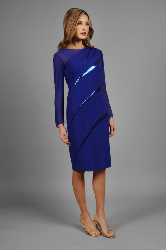 Daymor Couture - Long Sleeve Sequined Dress 323 in Blue
