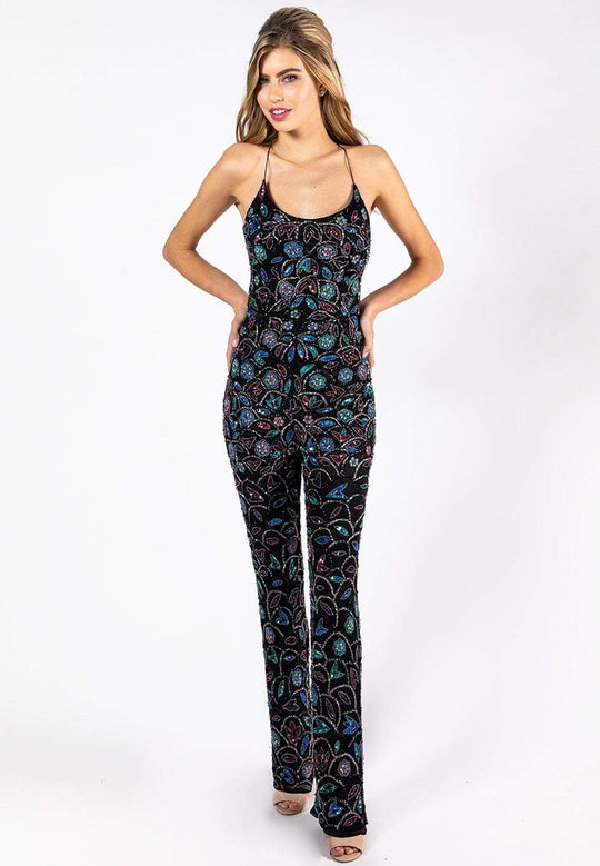 Primavera Couture - 3245 Multicolored Embellished Fitted Jumpsuit In Black and Multi-Color