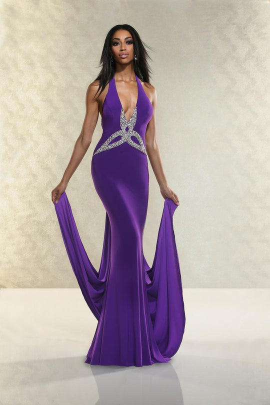 Xtreme Prom - Beaded Plunging V-neckline Gown 32512 in Purple