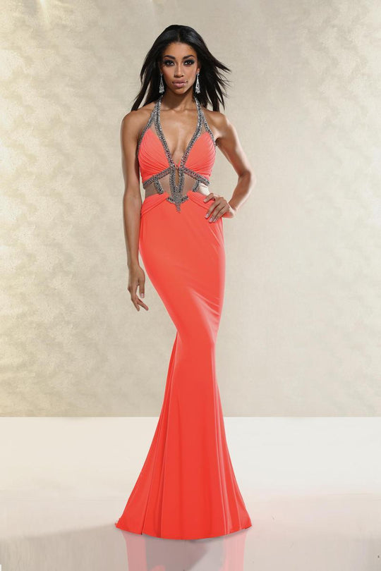 Xtreme Prom - Bejeweled Halter Neckline with Cutouts Gown 32543 in Orange