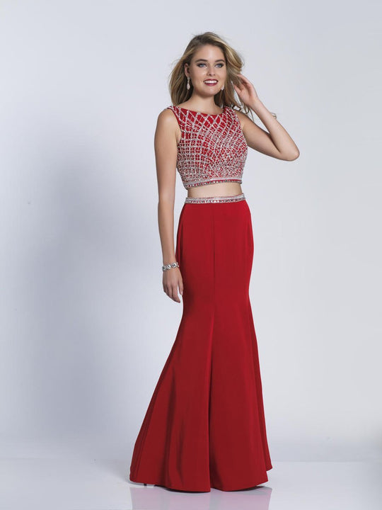 Dave & Johnny - 3256 Two Piece Bejeweled Trumpet Dress in Red