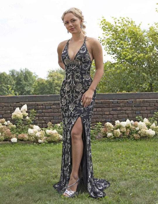 Primavera Couture - 3259 Stylistic Floral Beaded High Slit Gown In Black and Silver