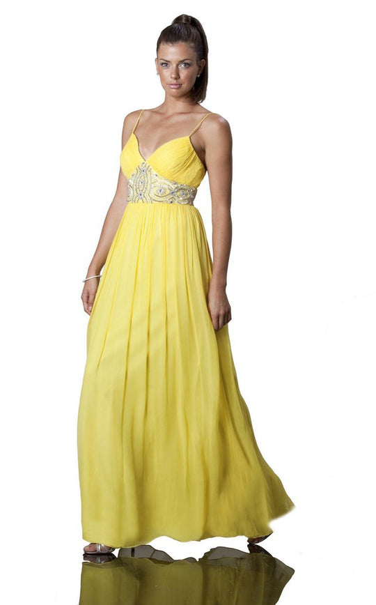 JS Collections - 862929 Shirred Sweetheart Ornate Empire Gown in Yellow