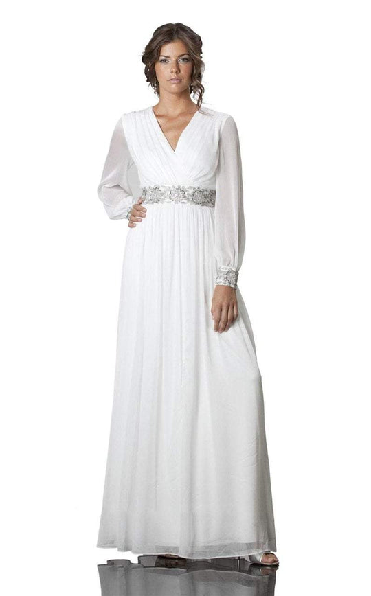 JS Collections - 863543 Sheer Bishop Sleeve Pleated Bodice A-Line Gown in White