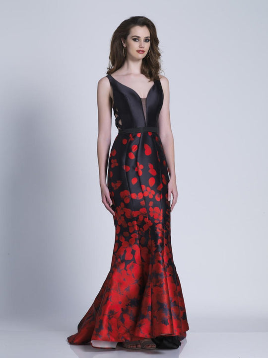 Dave & Johnny - 3271 Floral Printed V-neck Trumpet Dress in Print and Black