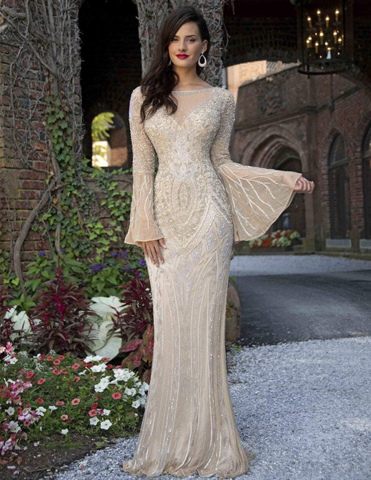 Primavera Couture - 3284 Embellished Long Bell Sleeve Bateau Dress In Neutral