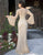 Primavera Couture - 3284 Embellished Long Bell Sleeve Bateau Dress In Neutral