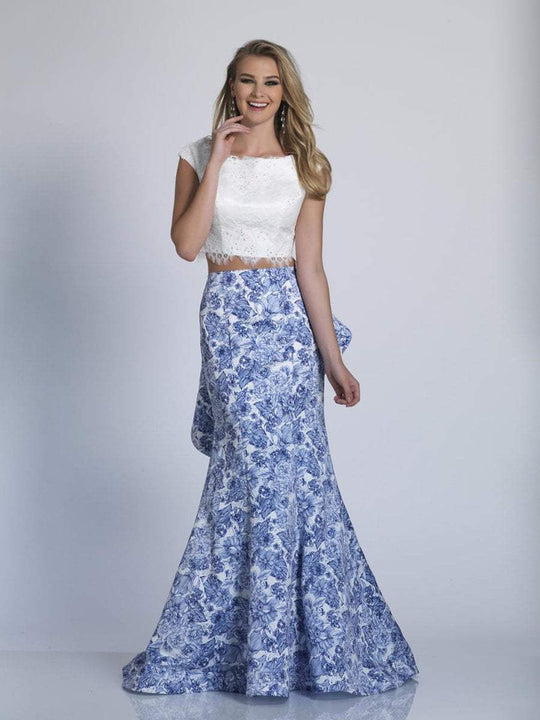 Dave & Johnny - 3292 Two Piece Lace and Printed Mermaid Dress in White and Blue
