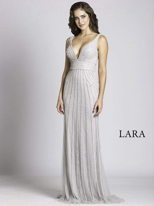 Lara Dresses - 32938 Beaded Sleeveless Plunging Sheath Long Dress in Silver