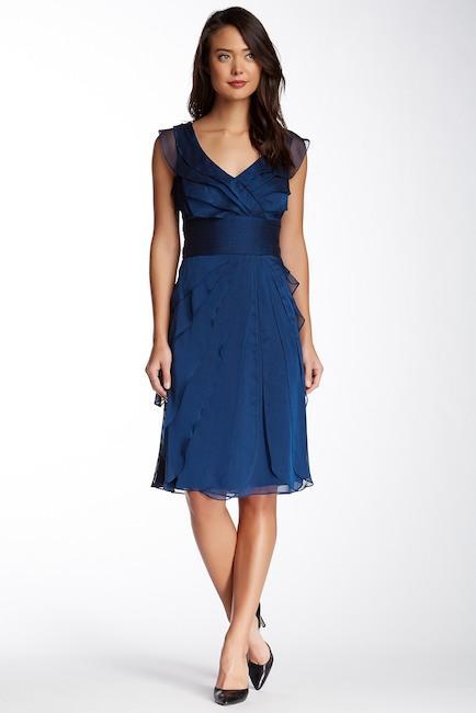 Adrianna Papell - 81845870 Surplice Neck Cascading Tier Chiffon Dress In Blue