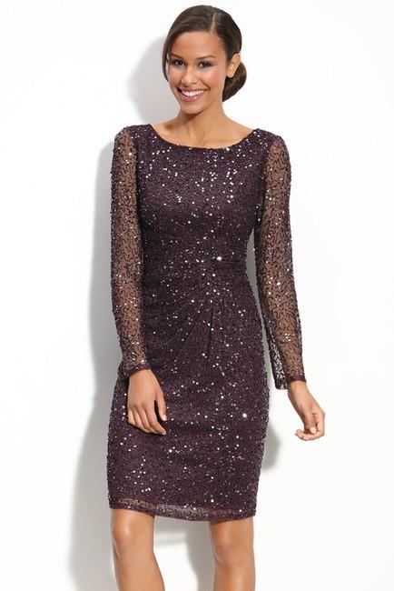Patra - 11681 Beaded Sheer Long Sleeve Sheath Dress in Purple