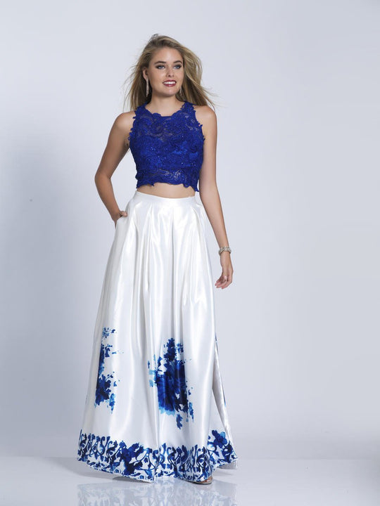 Dave & Johnny - 3301 Two Piece Lace and Printed A-line Dress in White and Blue