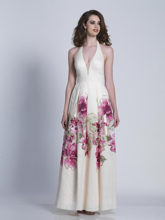 Dave & Johnny - 3302 Floral Print Halter A-line Dress in White and Print