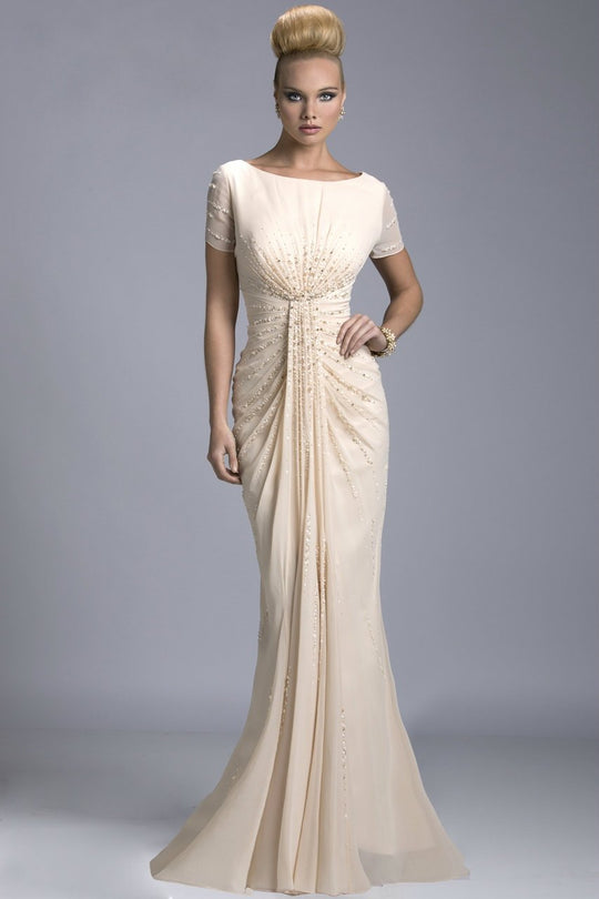 Janique - Ruched and Beaded Chiffon Gown 3302