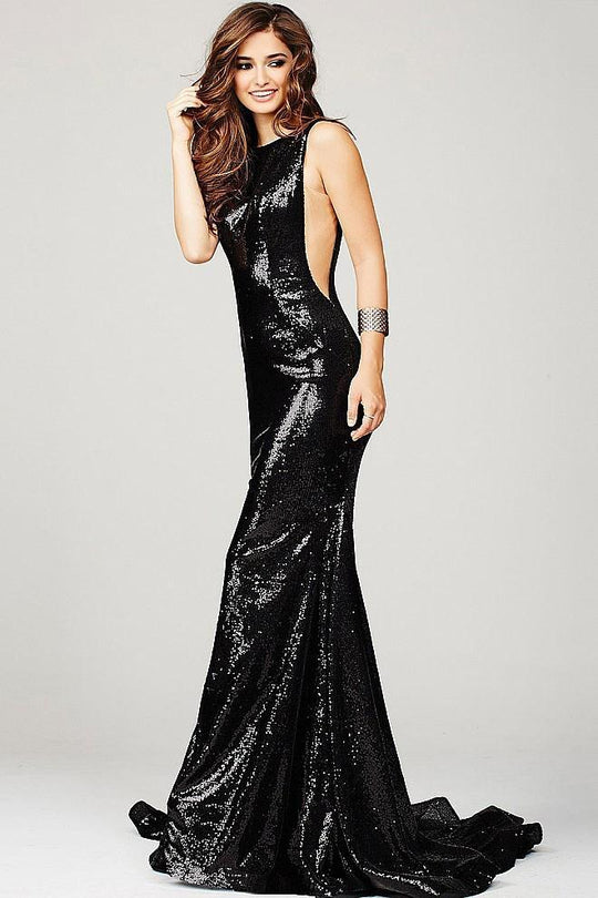 Low Back Long Sequined Prom Dress 33040