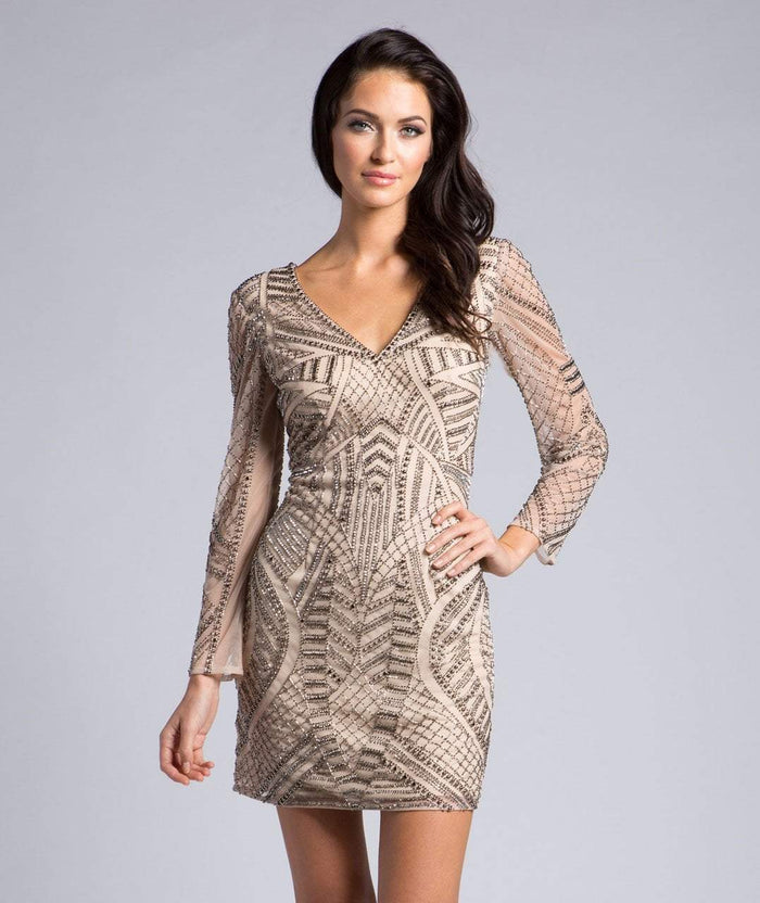 Lara Dresses - 33140 Long Sleeves V-Neck Fitted Dress In Neutral