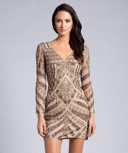 Lara Dresses - 33144 Sequined V-Neck Long Sleeves Cocktail Dress In Neutral and Multi-Color