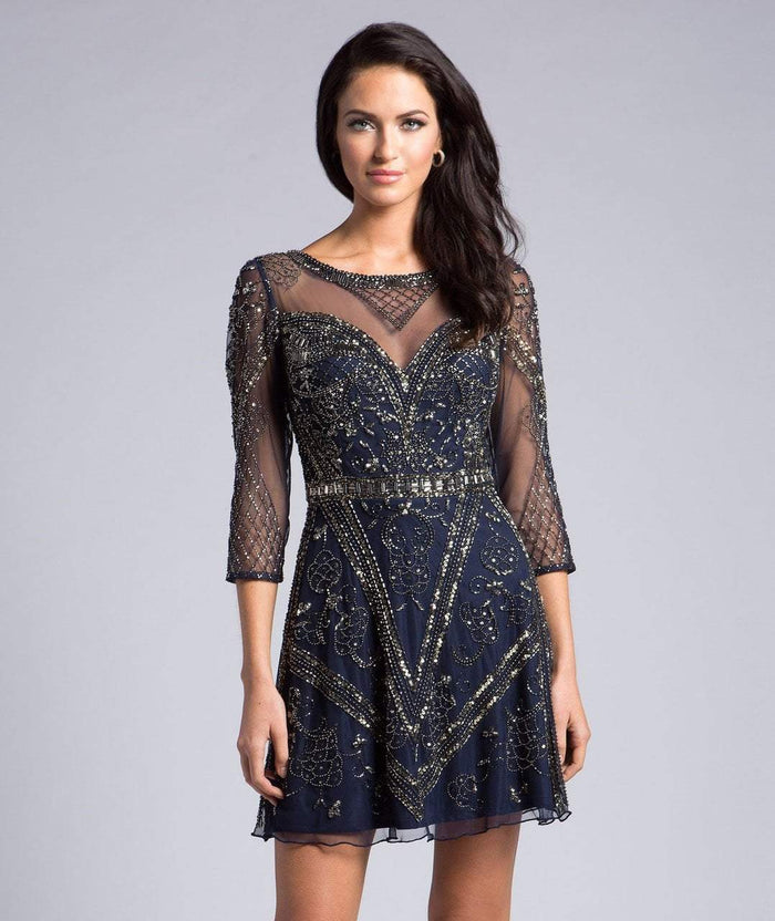 Lara Dresses - 33151 Beaded Quarter Length Sleeve A-line Dress In Blue