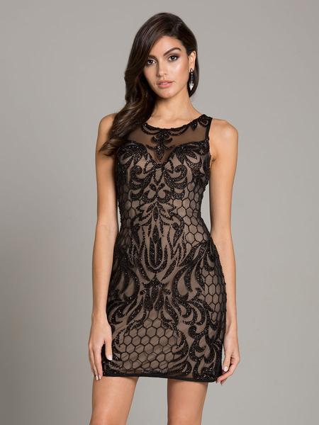 Lara Dresses - 33166 Beaded Jewel Neck Fitted Dress In Black and Neutral
