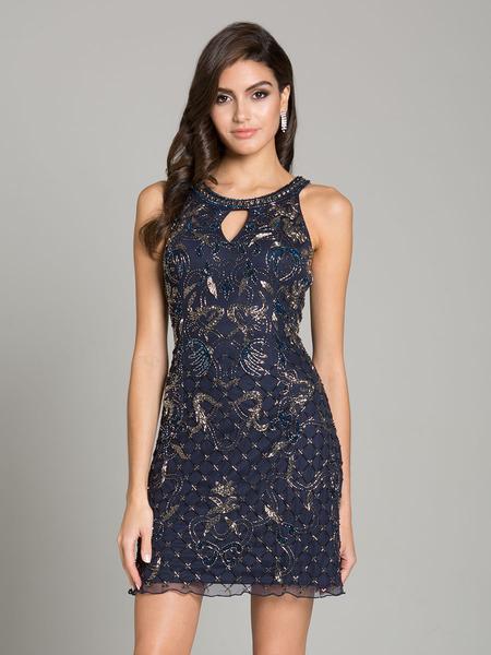 Lara Dresses - 33168 Beaded Halter Fitted Cocktail Dress In Blue