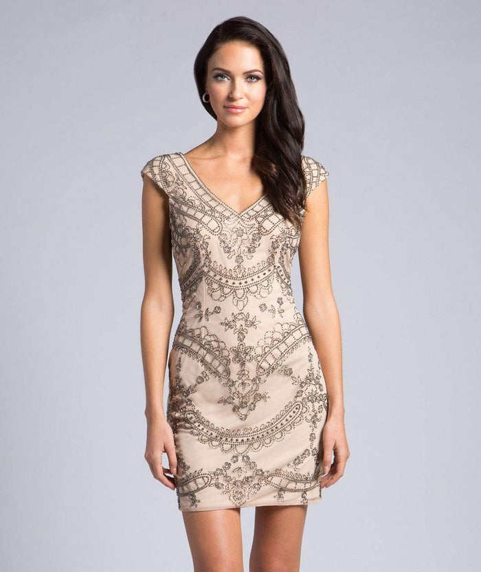 Lara Dresses - 33171 Embellished Wide V-neck Sheath Dress In Neutral