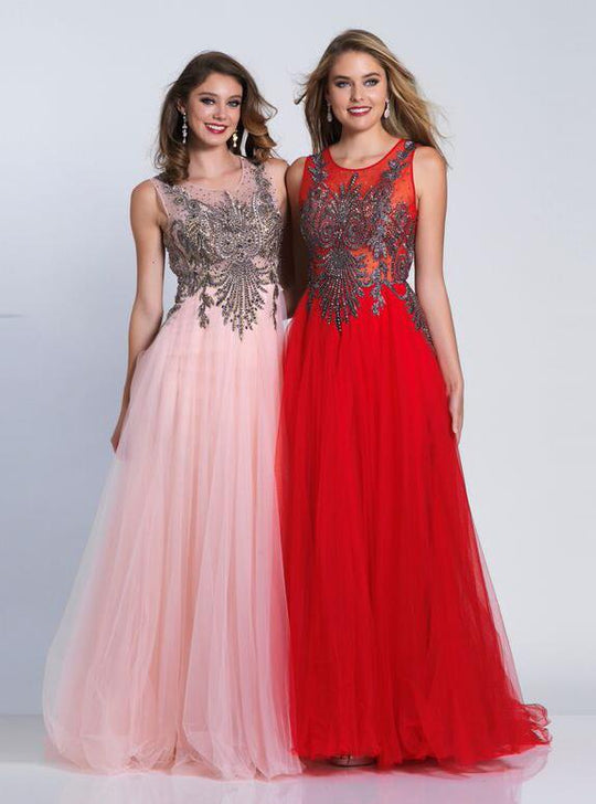 Dave & Johnny - 3319 Jewel Illusion Ornate Tulle Gown in Pink and Red