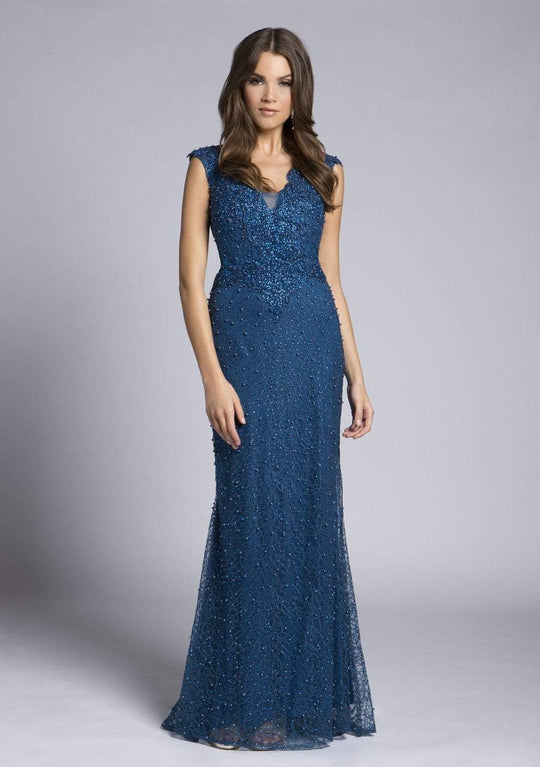 Lara Dresses - 33232 Cap Sleeve Scalloped V-Neck Ornate Sheath Gown In Blue