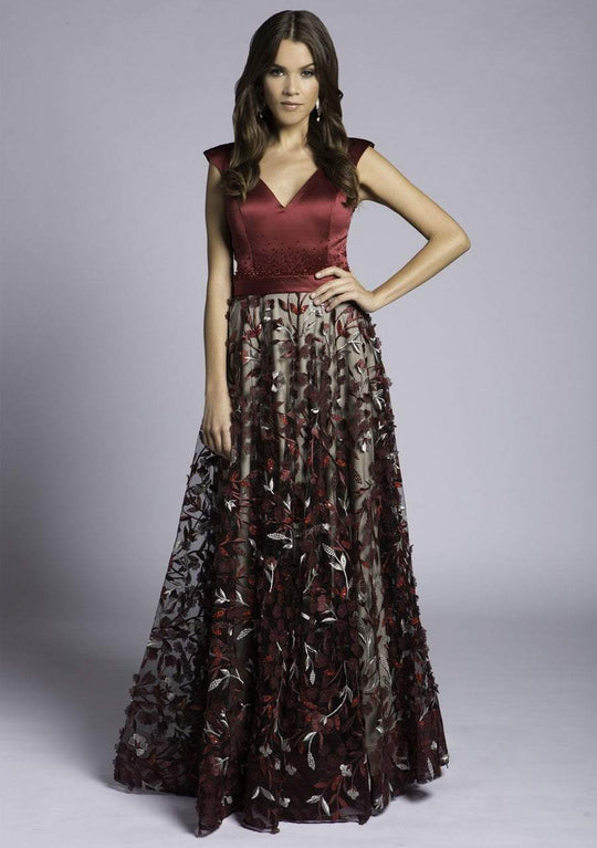 Lara Dresses - 33239 Cap Sleeve V-neck Embellished A-line Dress In Red