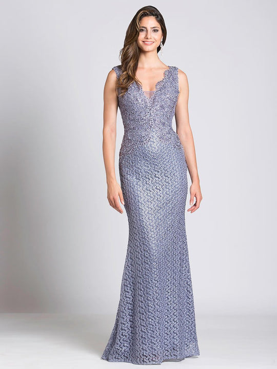 Lara Dresses - 33279 Scalloped V-Neck Lace Gown in Purple