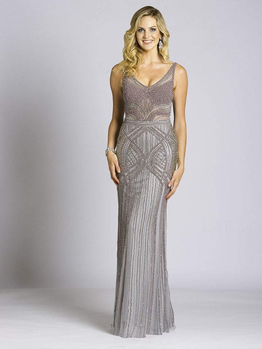 Lara Dresses - 33285 Illusion Adorned Sheath Gown In Gray and Silver