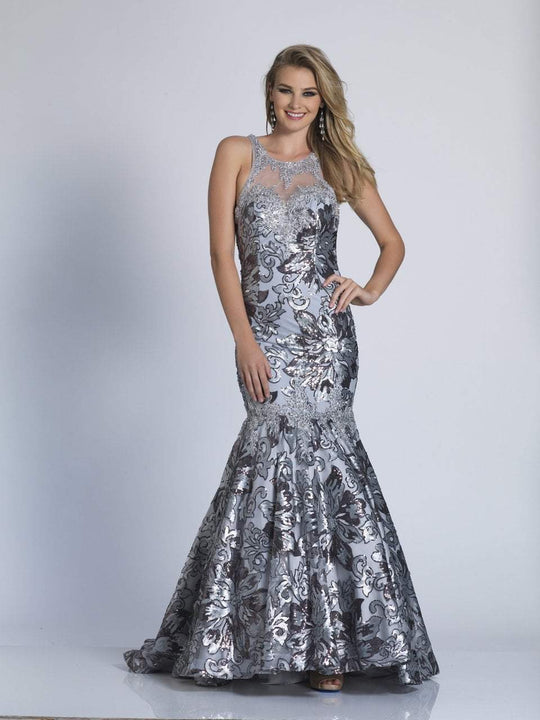 Dave & Johnny - 3333 Floral Sequined Illusion Trumpet Gown in Silver
