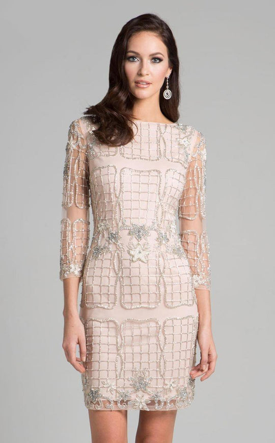 Lara Dresses - 33031 Lattice Embellished Bateau Neck Short Dress In Neutral