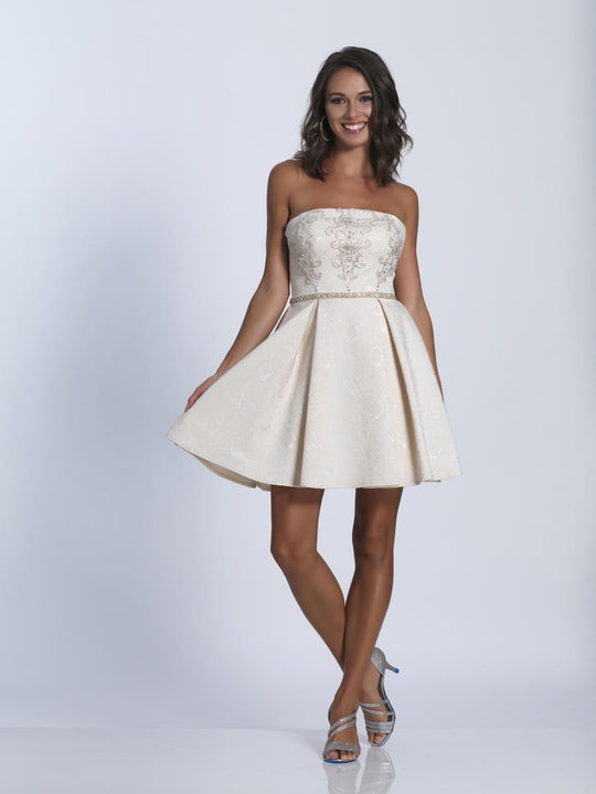 Dave & Johnny - 3338 Embellished Straight Neck A-line Dress in Neutral