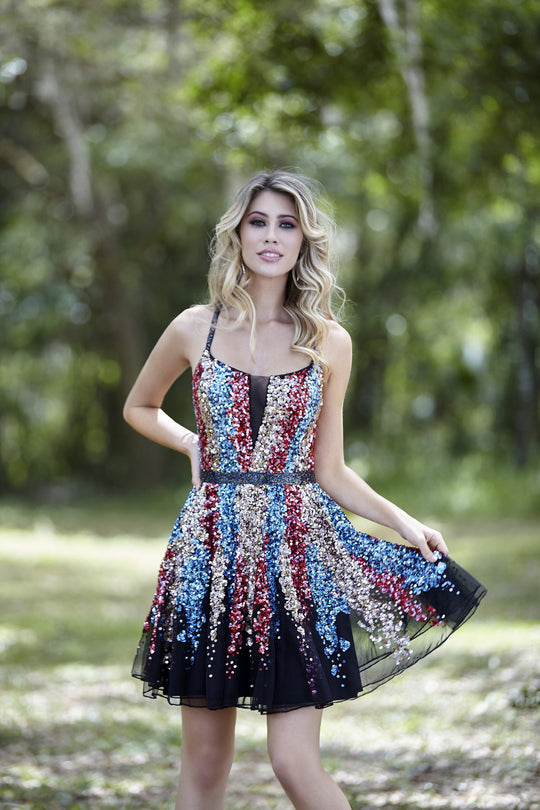 Primavera Couture - 3338 Sequined Scoop Neck A-line Dress In Black and Multi-Color