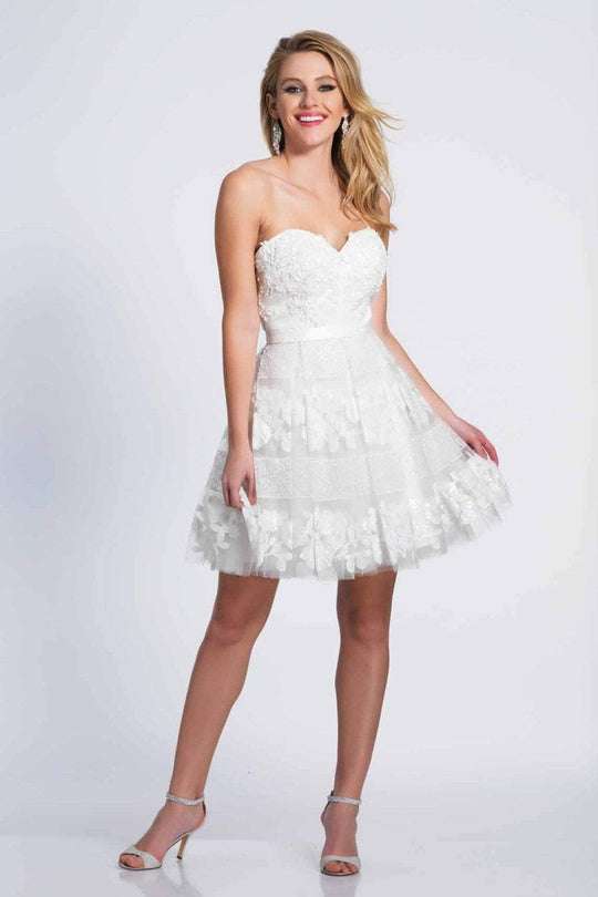 Dave & Johnny - 3340 Appliqued Stripe Overlaid A-Line Cocktail Dress In White