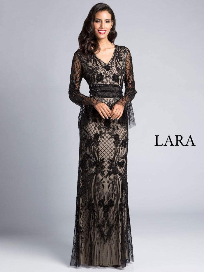 Lara Dresses - 33435 V Neck Long Sleeves Evening Dress In Black