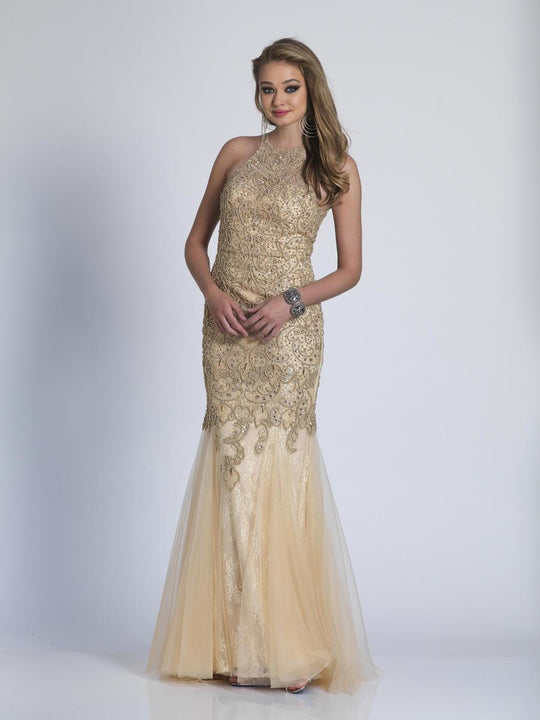 Dave & Johnny - 3344W Embellished Halter Fitted Trumpet Dress in Gold