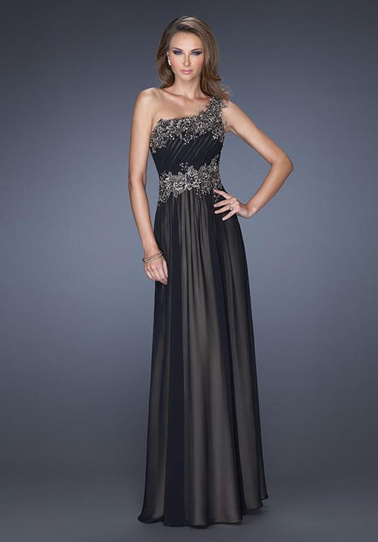 La Femme - 19148 Embellished One Shoulder A-line Dress In Black and Neutral