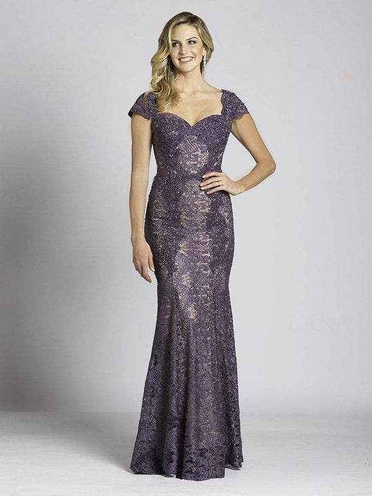 Lara Dresses - 33491 Cap Sleeve Sweetheart Lace Gown In Purple