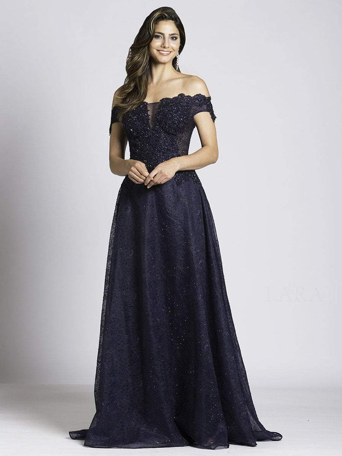 Lara Dresses - 33493 Beaded Off Shoulder Evening Gown in Blue